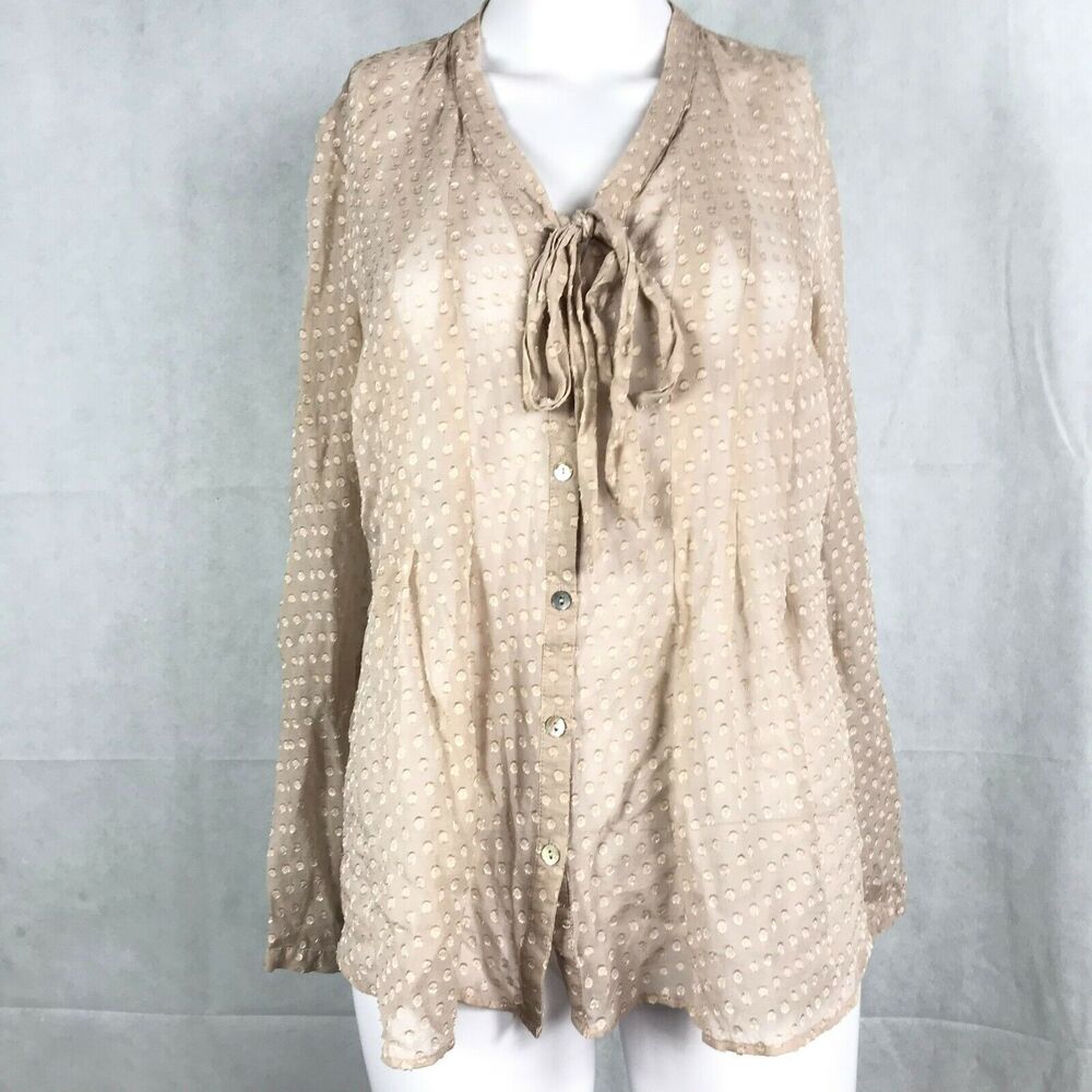 Daniel Rainn Shirt Womens S Beige Silk Chiffon Textured Polka Dot Button Up Top